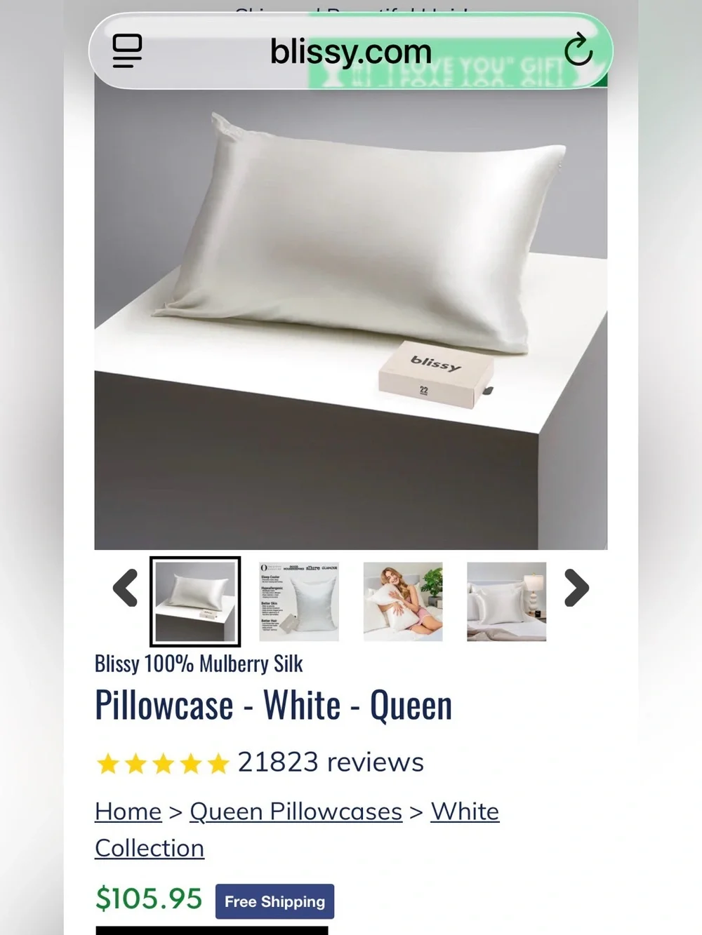 blissy Premium Silk Pillowcase - White - Queen Size - New in Box - Great Gift!